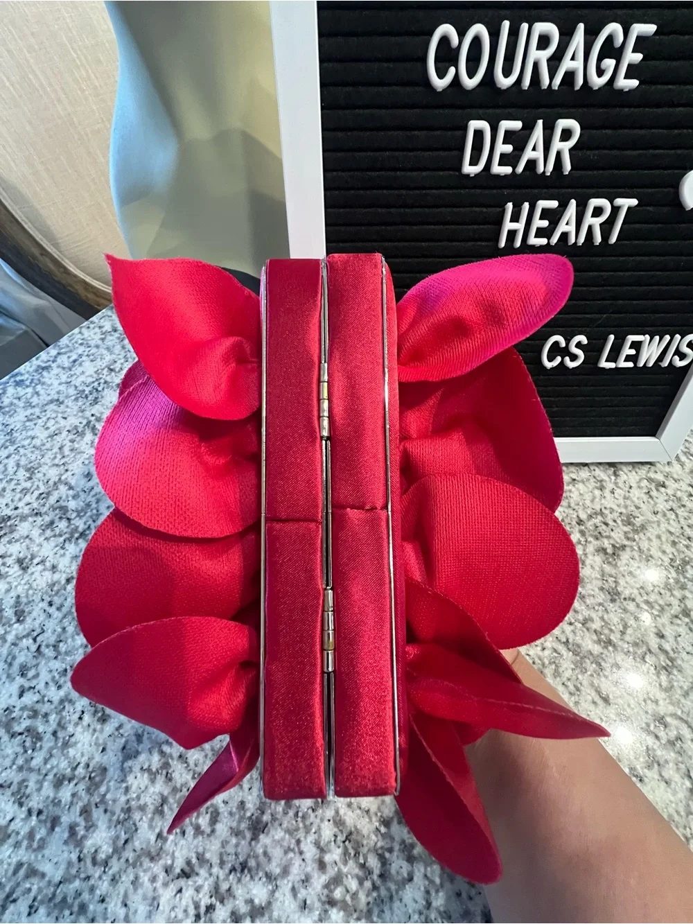White House Black Market Red Satin 3D Rose Flower Evening Clutch Bag Formal